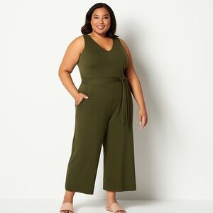 💃 Encore by Idina Menzel Belted Wide Leg Jumpsuit Soft Stretch Jersey Pockets 2X